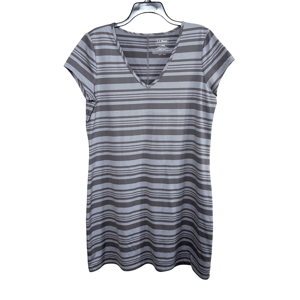 L.L.Bean T-Shirt Dress Size L Brown Blue Striped V-Neck Comfort Stretch Coastal